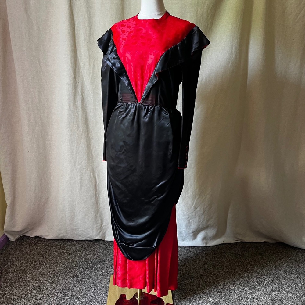Vintage Red Black Satin Maxi Dress Avant Garde Gothic Prairie M/L